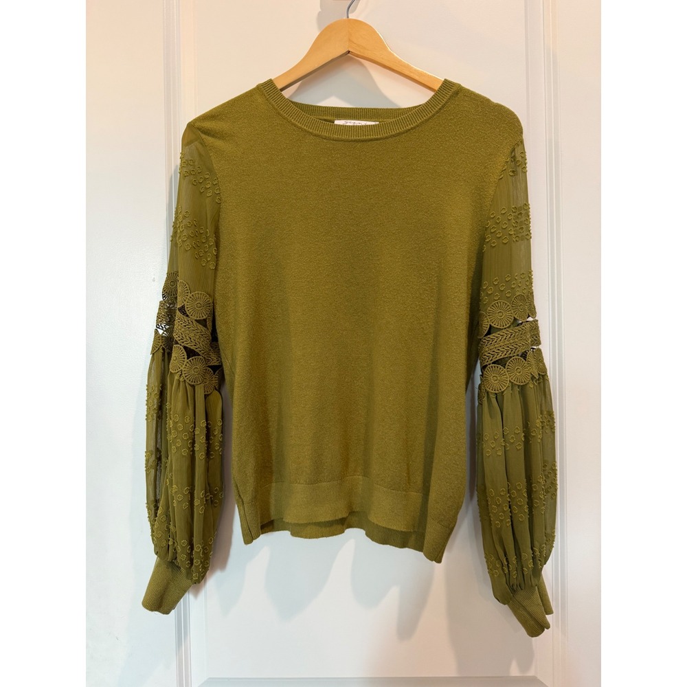 Siani Milano Womens Olive Green Knit Sweater Boho Lace Balloon Sleeve Large